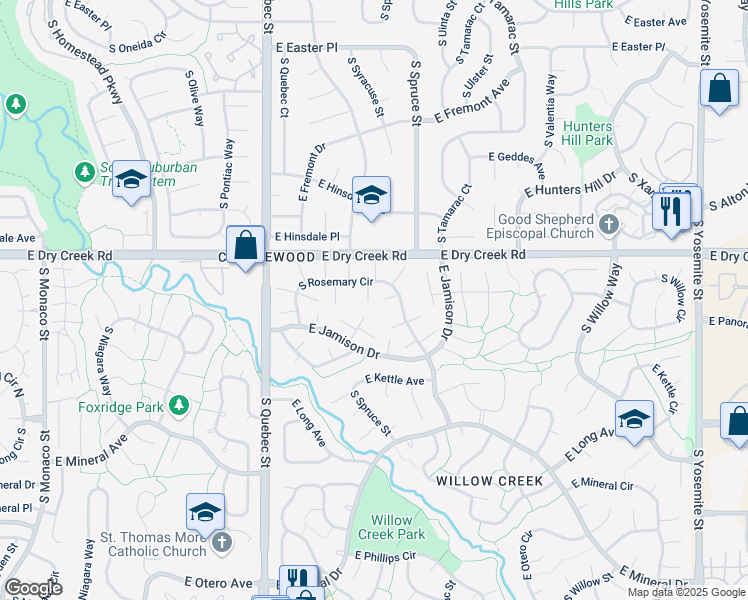 map of restaurants, bars, coffee shops, grocery stores, and more near 7605 South Rosemary Circle in Centennial