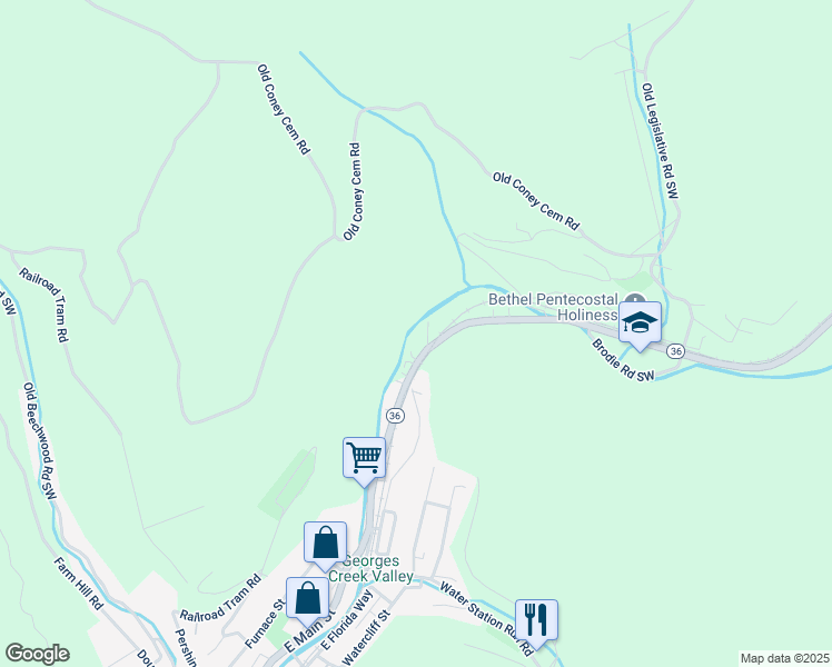 map of restaurants, bars, coffee shops, grocery stores, and more near 16703 Lower Georges Creek Road Southwest in Lonaconing