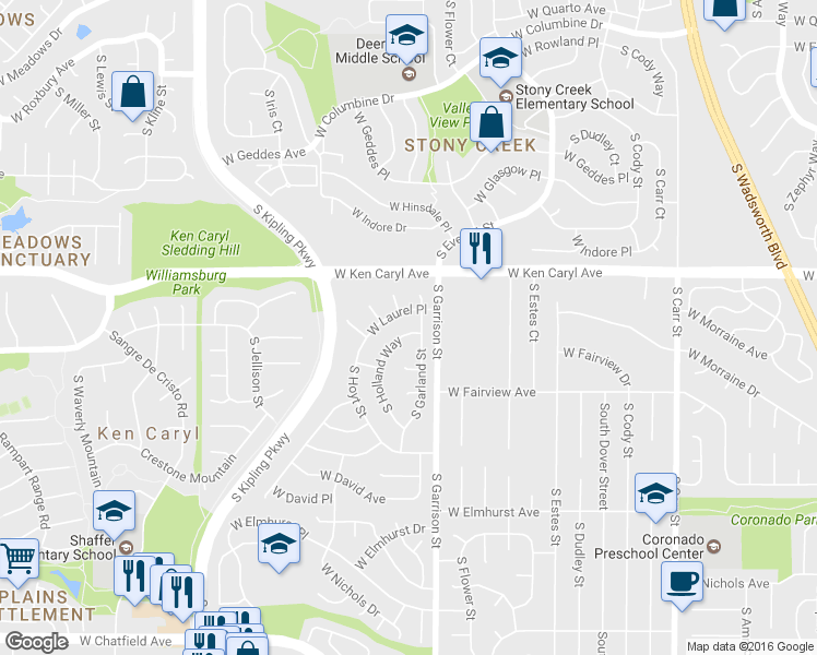 map of restaurants, bars, coffee shops, grocery stores, and more near 7609 South Holland Way in Littleton