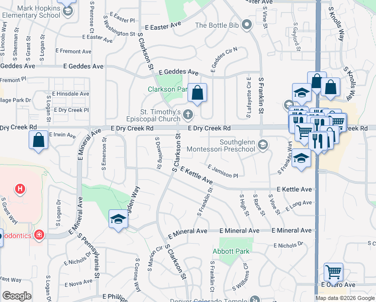 map of restaurants, bars, coffee shops, grocery stores, and more near 1436 East Irish Lane in Centennial