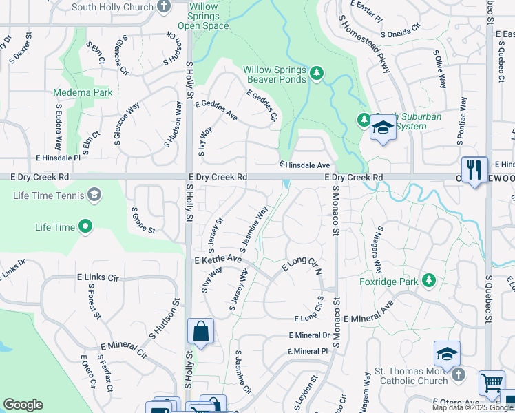map of restaurants, bars, coffee shops, grocery stores, and more near 5972 East Irish Place in Centennial