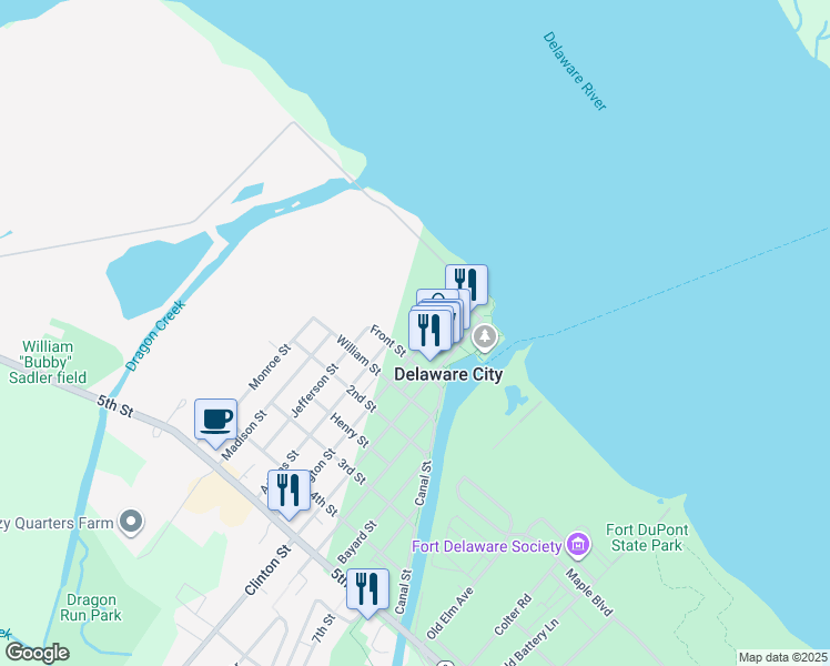 map of restaurants, bars, coffee shops, grocery stores, and more near 74 Washington Street in Delaware City