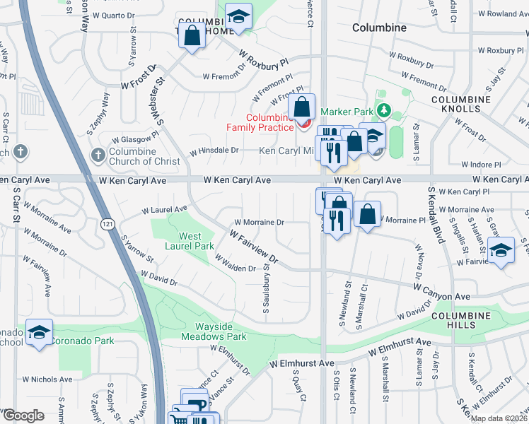 map of restaurants, bars, coffee shops, grocery stores, and more near 7592 South Saulsbury Court in Littleton