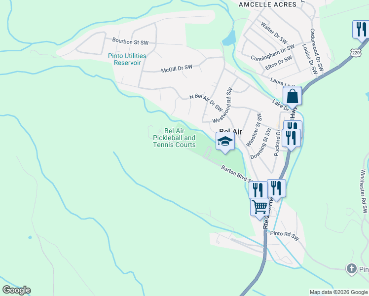 map of restaurants, bars, coffee shops, grocery stores, and more near 14700 Barton Boulevard Southwest in Cresaptown