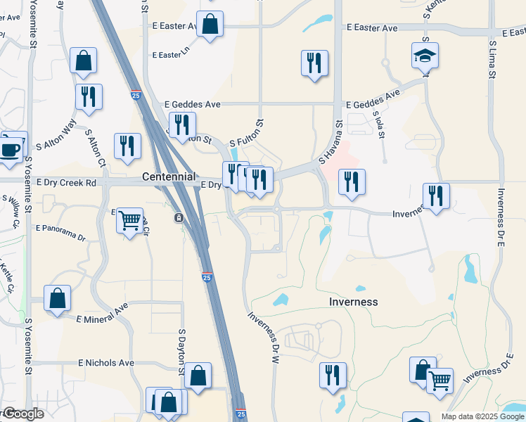 map of restaurants, bars, coffee shops, grocery stores, and more near 10102 Inverness Main Street in Englewood