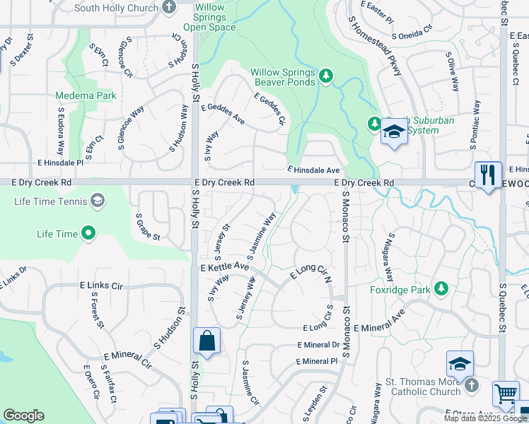 map of restaurants, bars, coffee shops, grocery stores, and more near 5972 East Irish Place in Centennial