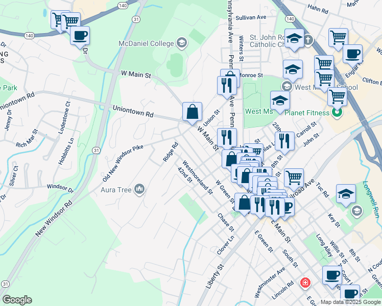 map of restaurants, bars, coffee shops, grocery stores, and more near 85 1/2 West Green Street in Westminster