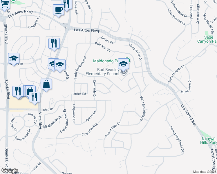 map of restaurants, bars, coffee shops, grocery stores, and more near 1670 Crestside Court in Sparks
