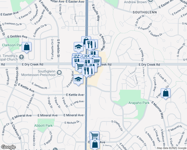 map of restaurants, bars, coffee shops, grocery stores, and more near 7562 South University Boulevard in Centennial