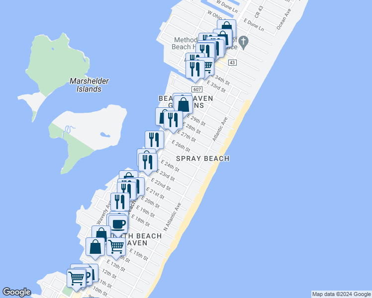 map of restaurants, bars, coffee shops, grocery stores, and more near East 26th Street in Beach Haven