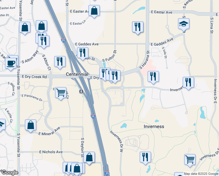 map of restaurants, bars, coffee shops, grocery stores, and more near 10102 Inverness Main Street in Englewood