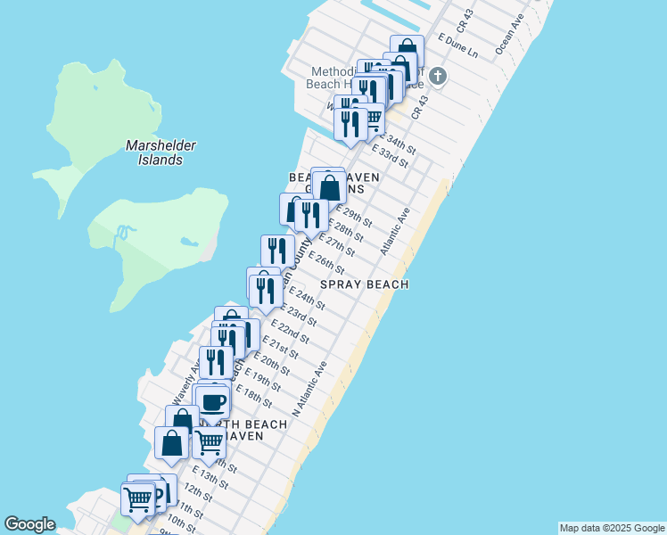 map of restaurants, bars, coffee shops, grocery stores, and more near 2600 North Beach Avenue in Long Beach Township