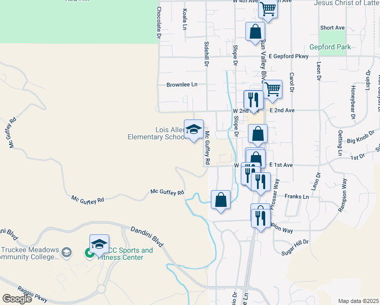 map of restaurants, bars, coffee shops, grocery stores, and more near 5155 Mc Guffey Road in Sun Valley