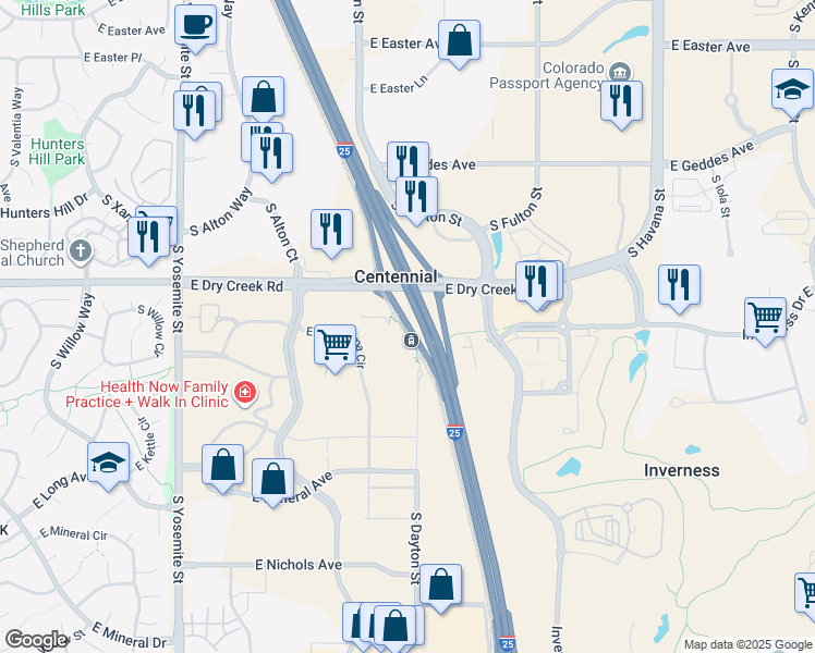 map of restaurants, bars, coffee shops, grocery stores, and more near in Centennial