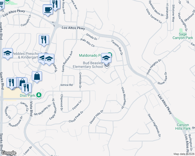 map of restaurants, bars, coffee shops, grocery stores, and more near 1670 Crestside Court in Sparks