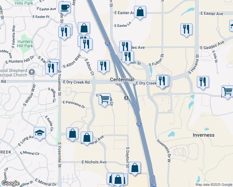 map of restaurants, bars, coffee shops, grocery stores, and more near 9501 East Panorama Circle in Englewood