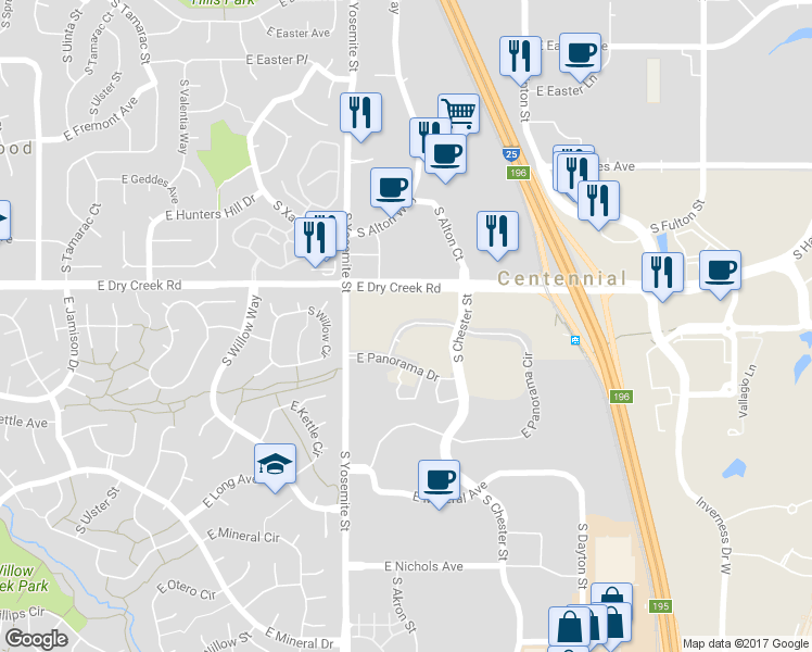 map of restaurants, bars, coffee shops, grocery stores, and more near 9200 East Panorama Circle in Centennial