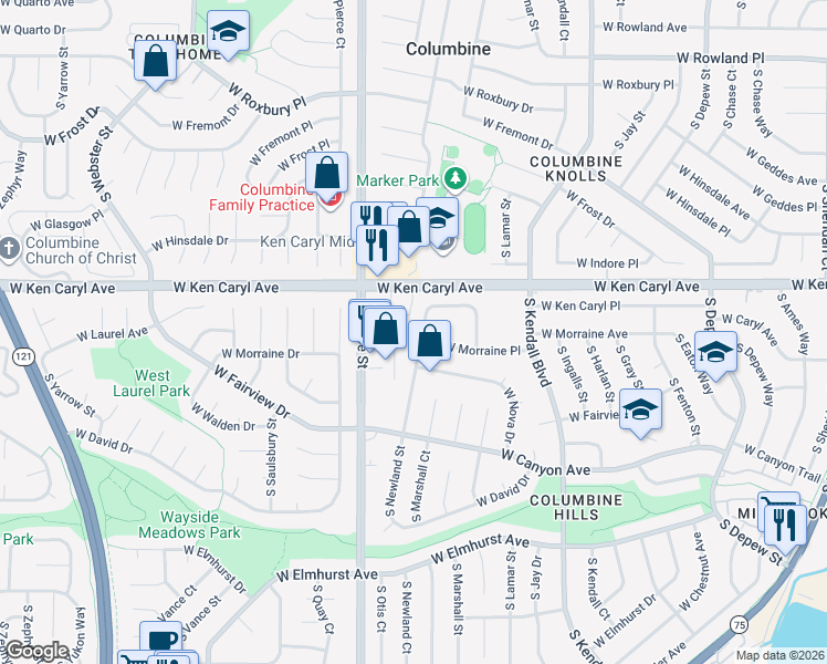 map of restaurants, bars, coffee shops, grocery stores, and more near 6592 West Morraine Place in Littleton