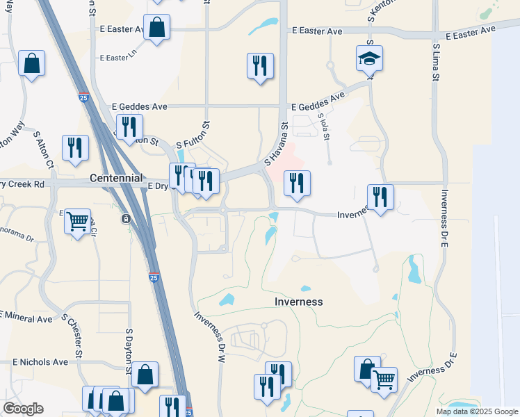 map of restaurants, bars, coffee shops, grocery stores, and more near 10200 East Dry Creek Road in Englewood