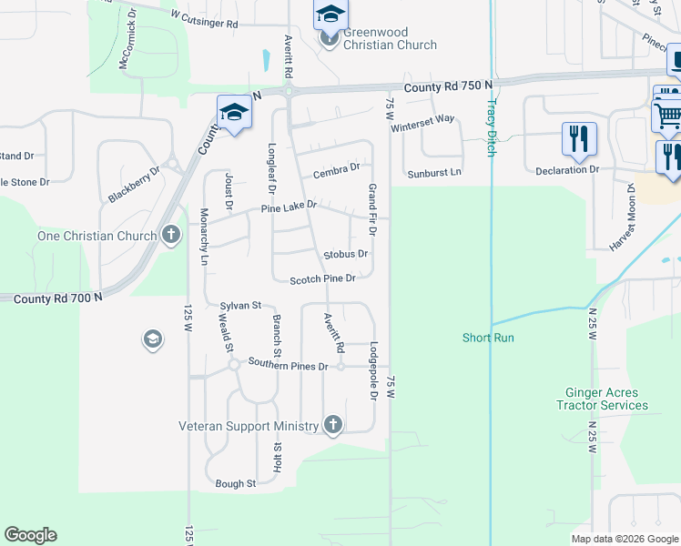 map of restaurants, bars, coffee shops, grocery stores, and more near 599 Scotch Pine Drive in Greenwood