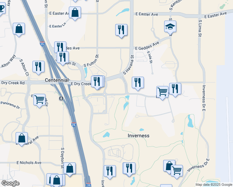 map of restaurants, bars, coffee shops, grocery stores, and more near 10200 East Dry Creek Road in Englewood