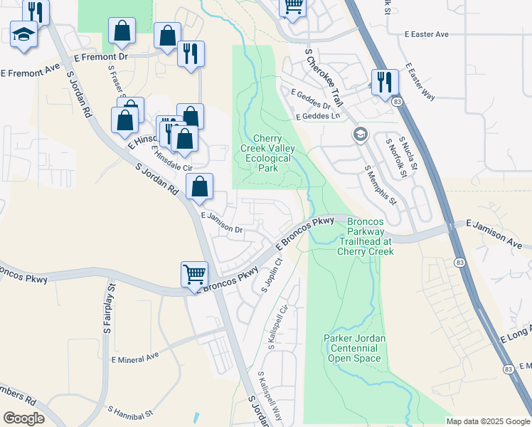 map of restaurants, bars, coffee shops, grocery stores, and more near 15849 East Jamison Drive in Englewood