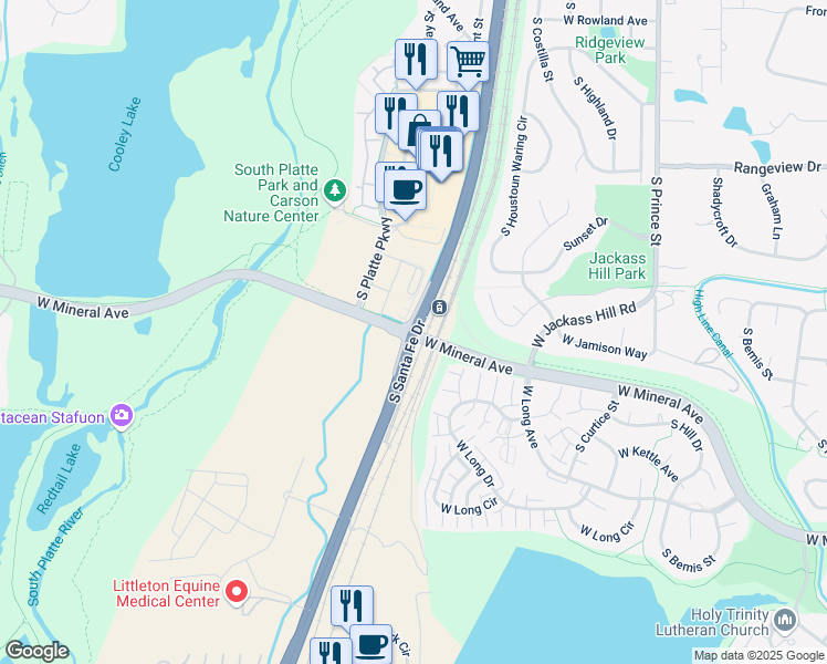 map of restaurants, bars, coffee shops, grocery stores, and more near S Santa Fe Dr & W Mineral Ave in Littleton