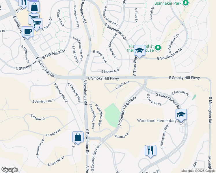 map of restaurants, bars, coffee shops, grocery stores, and more near 26827 East Irish Avenue in Aurora