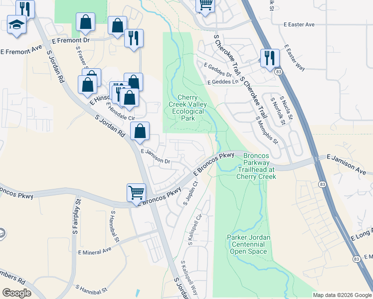 map of restaurants, bars, coffee shops, grocery stores, and more near 15849 East Jamison Drive in Englewood