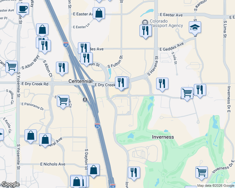 map of restaurants, bars, coffee shops, grocery stores, and more near 10102 Inverness Main Street in Englewood