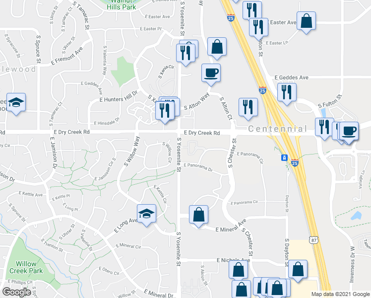map of restaurants, bars, coffee shops, grocery stores, and more near 9019 East Panorama Circle in Englewood