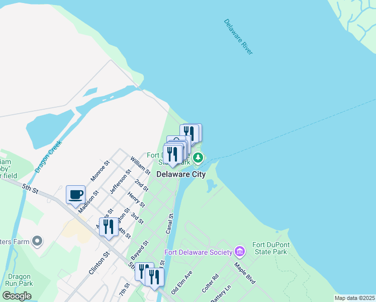 map of restaurants, bars, coffee shops, grocery stores, and more near 46 Clinton Street in Delaware City