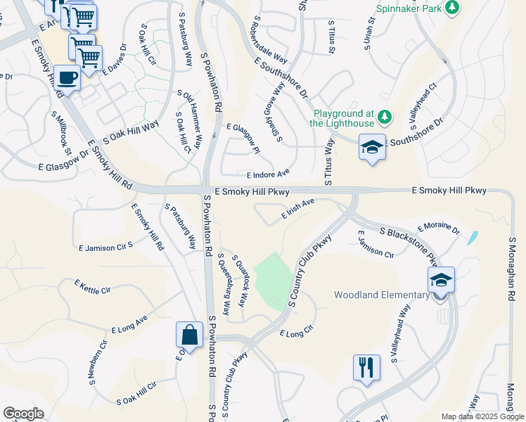 map of restaurants, bars, coffee shops, grocery stores, and more near 26827 East Irish Avenue in Aurora