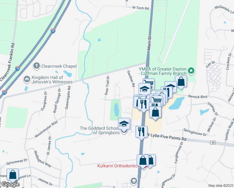 map of restaurants, bars, coffee shops, grocery stores, and more near 503 Brownstone Row in Springboro