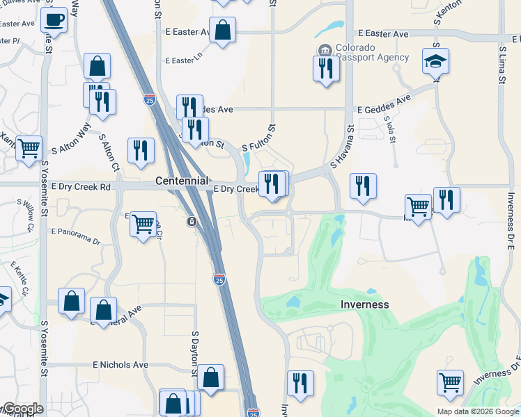map of restaurants, bars, coffee shops, grocery stores, and more near 10102 Inverness Main Street in Englewood