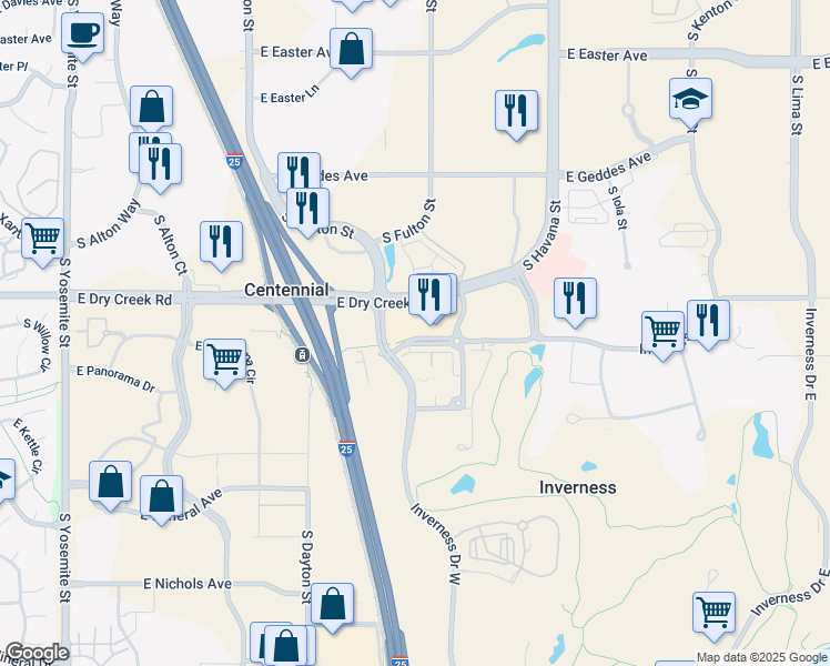 map of restaurants, bars, coffee shops, grocery stores, and more near 10111 Inverness Main Street in Englewood