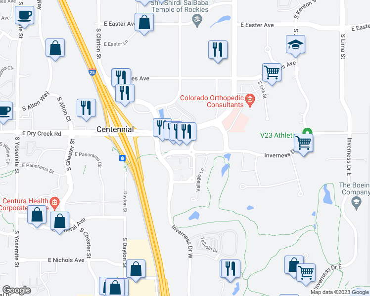 map of restaurants, bars, coffee shops, grocery stores, and more near 10128 Inverness Main Street in Englewood