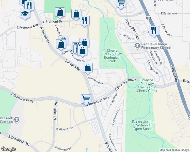 map of restaurants, bars, coffee shops, grocery stores, and more near 15611 East Jamison Drive in Englewood
