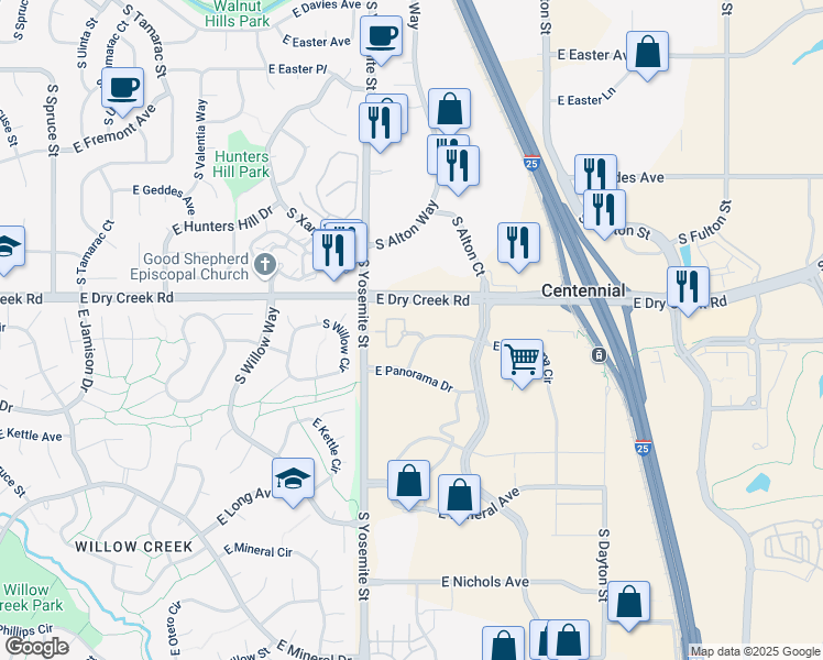map of restaurants, bars, coffee shops, grocery stores, and more near 9019 East Panorama Circle in Centennial