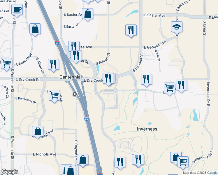 map of restaurants, bars, coffee shops, grocery stores, and more near 10128 Inverness Main Street in Englewood