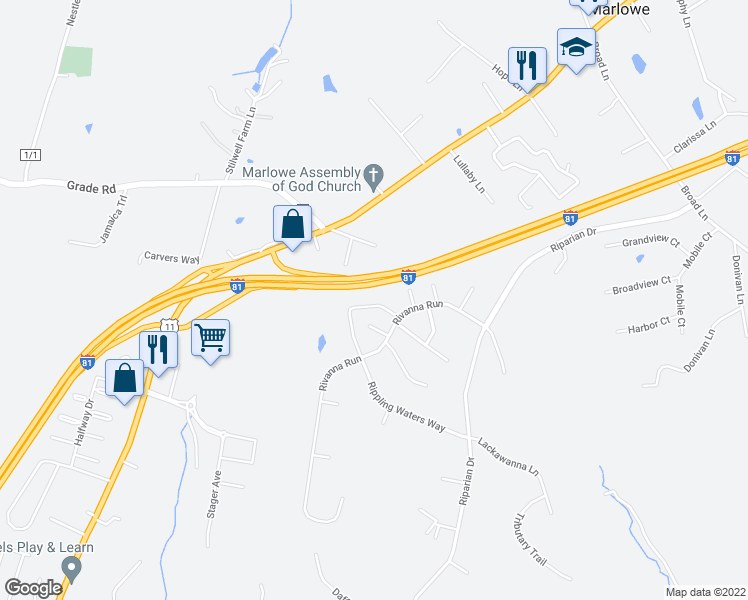 map of restaurants, bars, coffee shops, grocery stores, and more near 169 Tidewater Terrace in Falling Waters