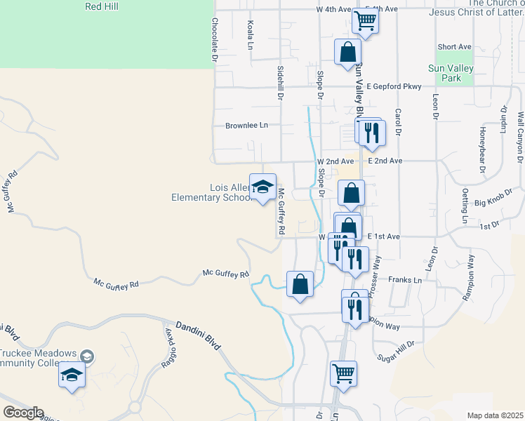 map of restaurants, bars, coffee shops, grocery stores, and more near 5155 Mc Guffey Road in Sun Valley
