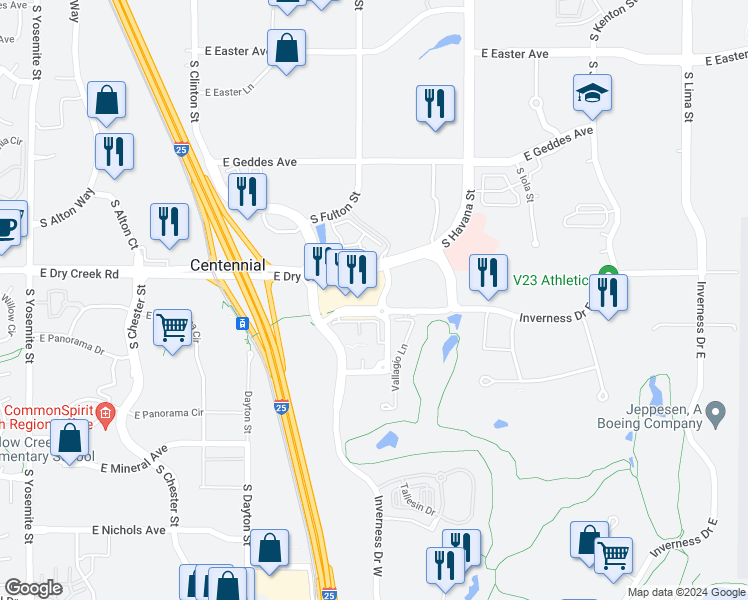 map of restaurants, bars, coffee shops, grocery stores, and more near 10128 Inverness Main Street in Englewood