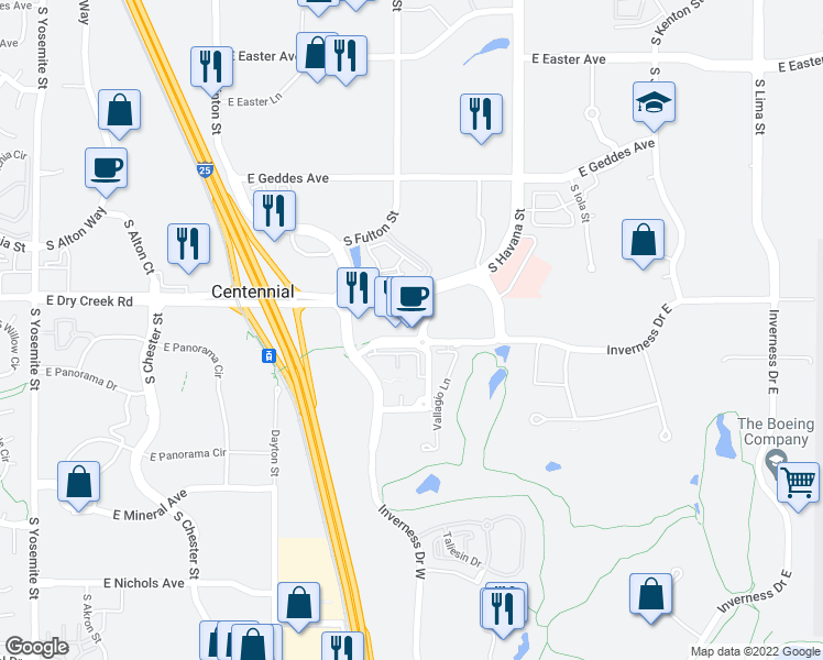 map of restaurants, bars, coffee shops, grocery stores, and more near 10128 Inverness Main Street in Englewood