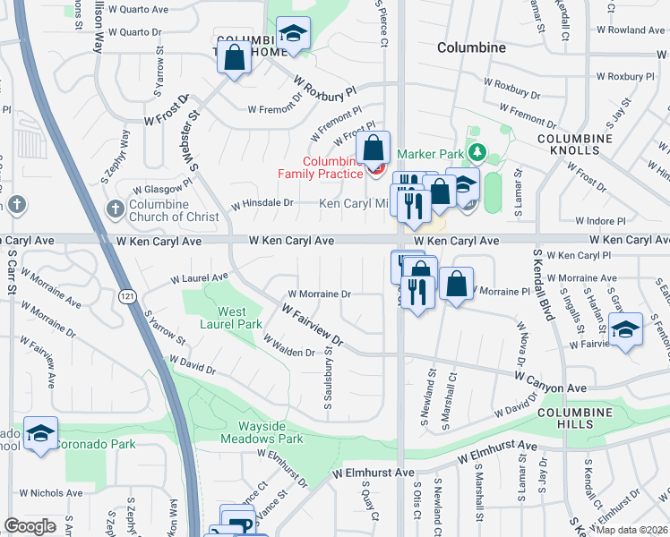 map of restaurants, bars, coffee shops, grocery stores, and more near 7592 South Saulsbury Court in Littleton