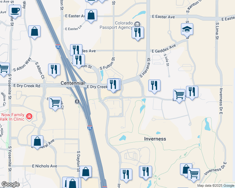 map of restaurants, bars, coffee shops, grocery stores, and more near 10128 Inverness Main Street in Englewood