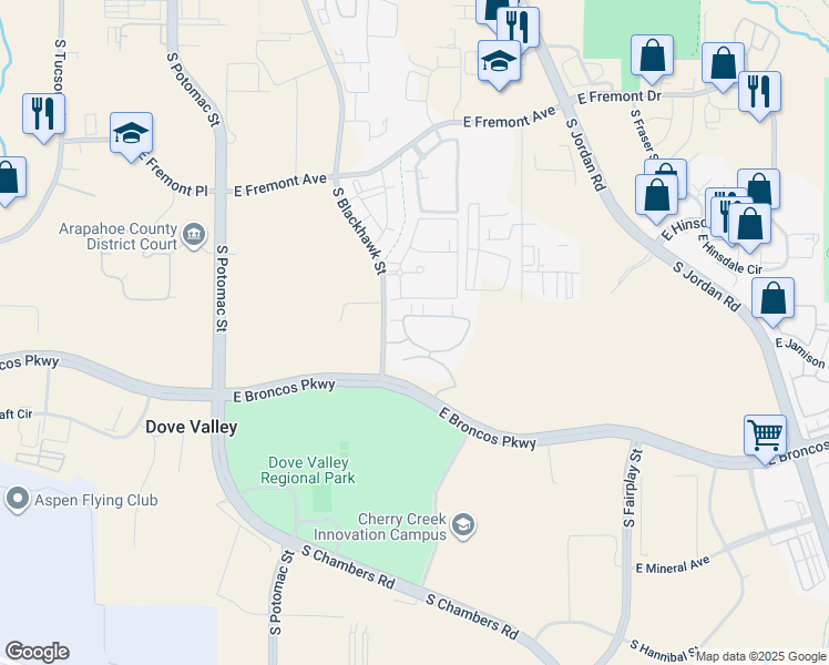map of restaurants, bars, coffee shops, grocery stores, and more near 7550 South Blackhawk Street in Englewood