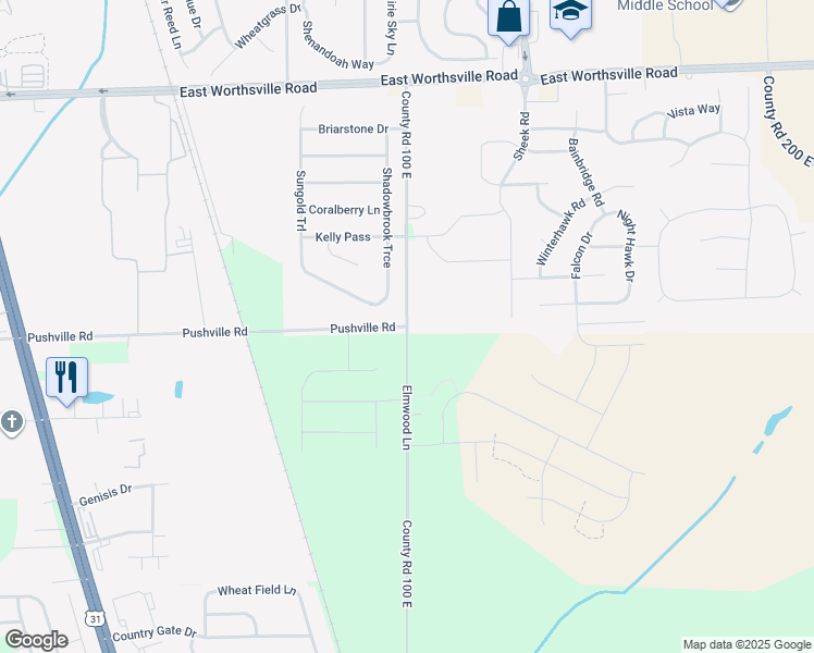 map of restaurants, bars, coffee shops, grocery stores, and more near 2468 County Road 100 East in Whiteland