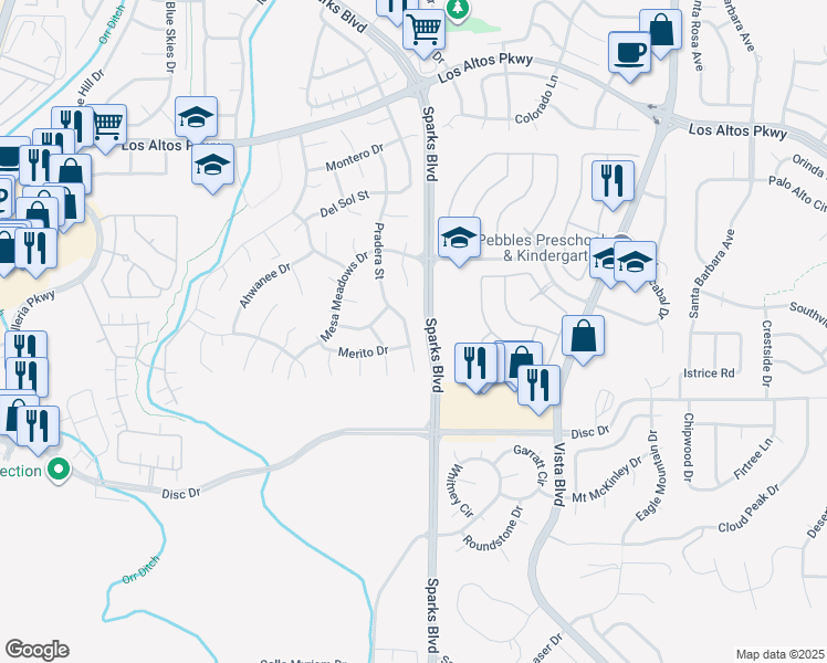 map of restaurants, bars, coffee shops, grocery stores, and more near 4733 Pradera Court in Sparks