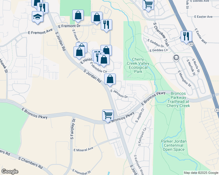 map of restaurants, bars, coffee shops, grocery stores, and more near 15601 East Jamison Drive in Englewood